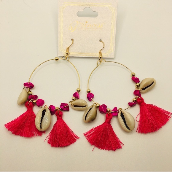 EARRINGS BOHO TASSELS DEEP PINK, purple stones! - Picture 9 of 9